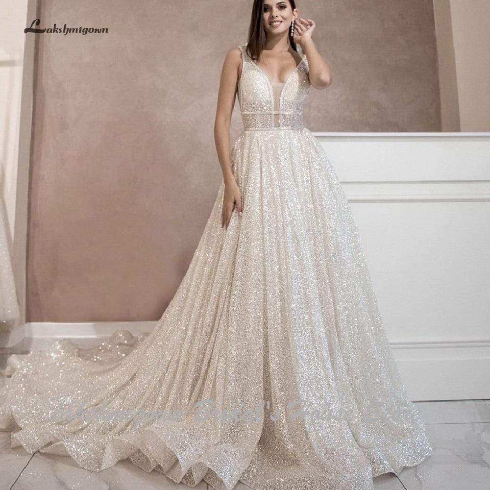 Luxury A Line Long Bling Bling Sequins Beads High Split Wedding Dress –  TANYA BRIDAL